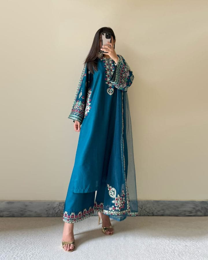 Teal Elegance Embroidered 3pcs-suit 1