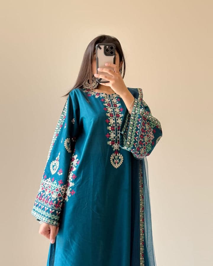 Teal Elegance Embroidered 3pcs-suit 3