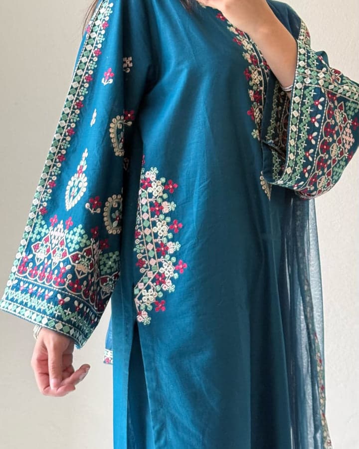 Teal Elegance Embroidered 3pcs-suit 4
